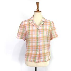 Vintage women's button down shirt pink green pastel madras plaid Size Small